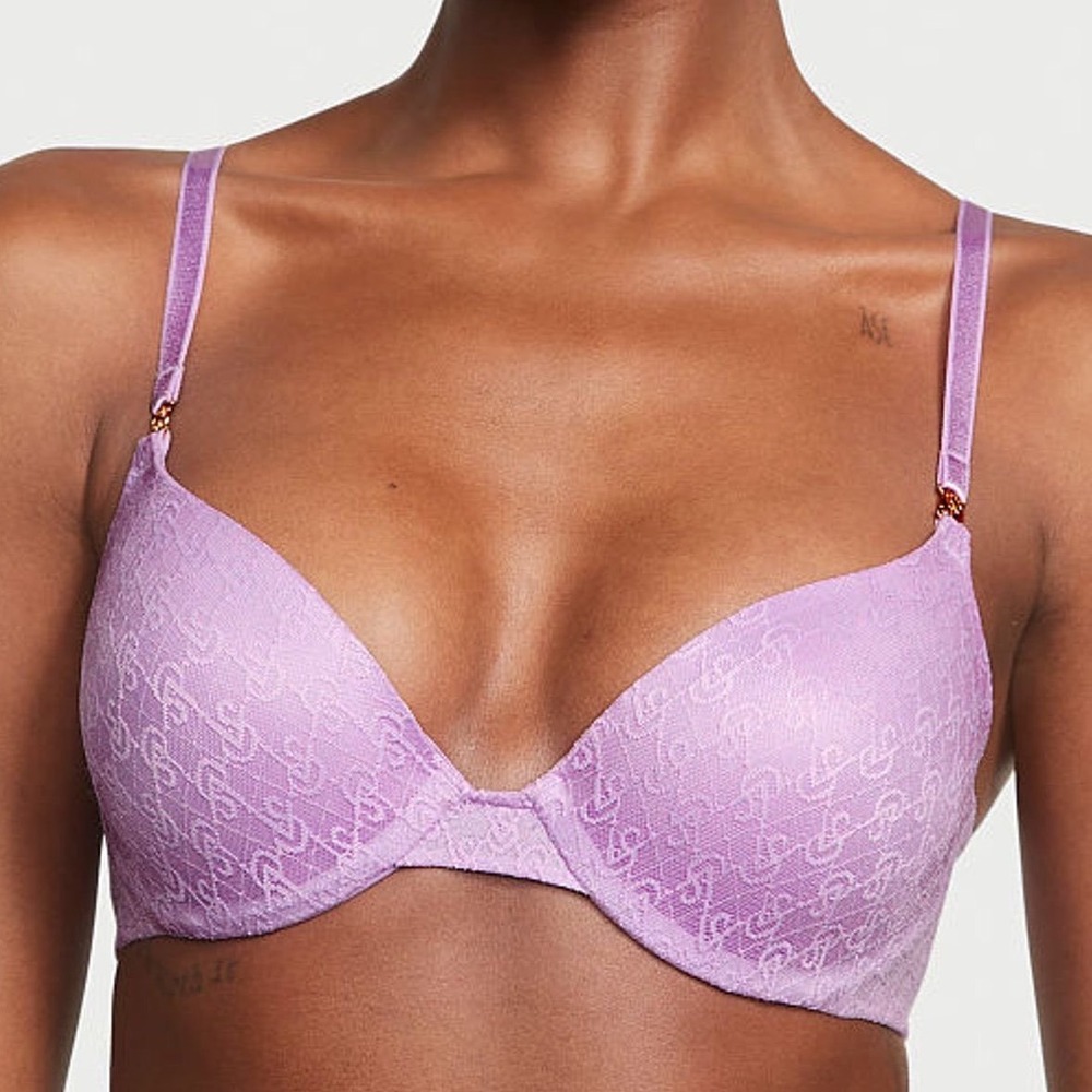 Victorias Secret The Icon Push-Up Bra 36DD Purple Monogram Lace‎ Demi Underwire
